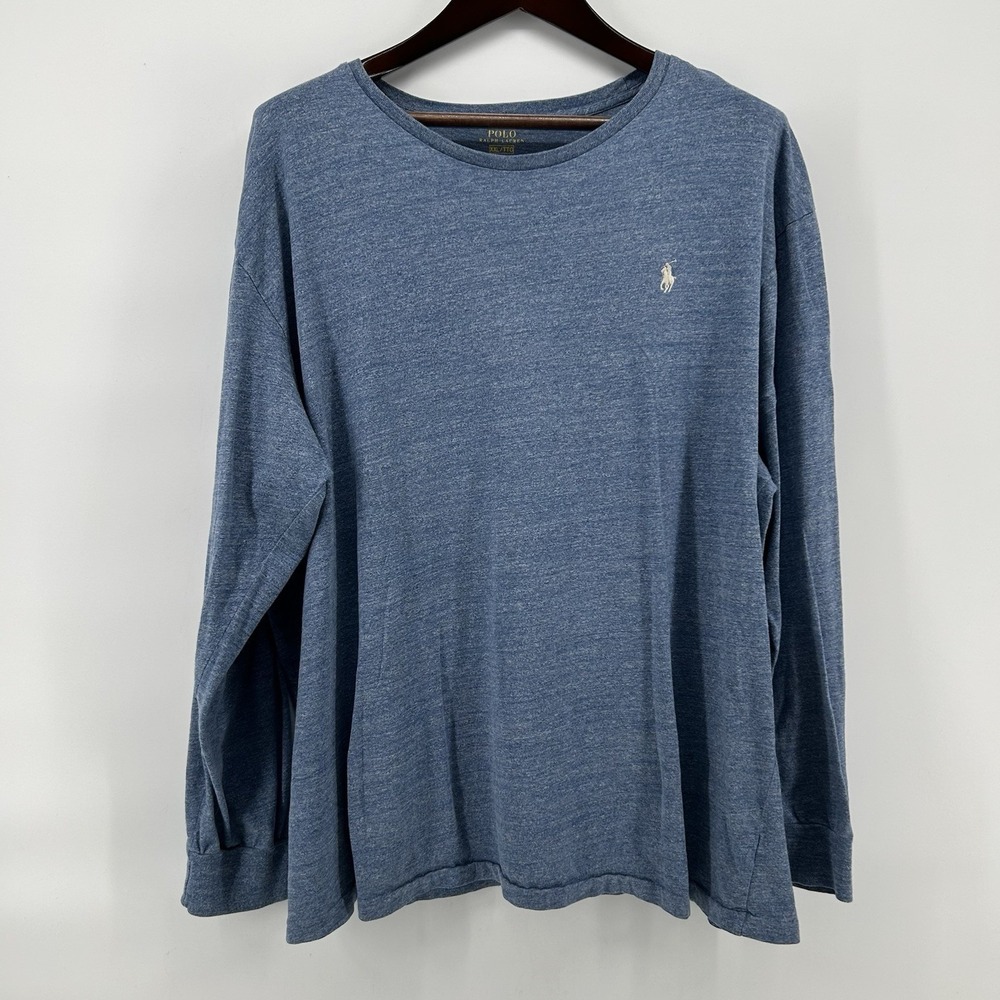 Polo Ralph Lauren Long Sleeve T Shirt Mens 2XL Blue Heather White Pony Heritage
